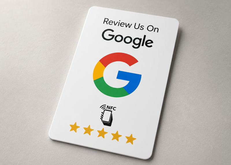 Tarjeta NFC Google Reviews – Blanca y Negra + Pegatina Doble Cara